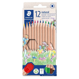 Staedtler Noris Natural Pack con 12 Lapices de Colores Hexagonales - Madera Certificada FSC - Cuerpo de Color Madera Natural