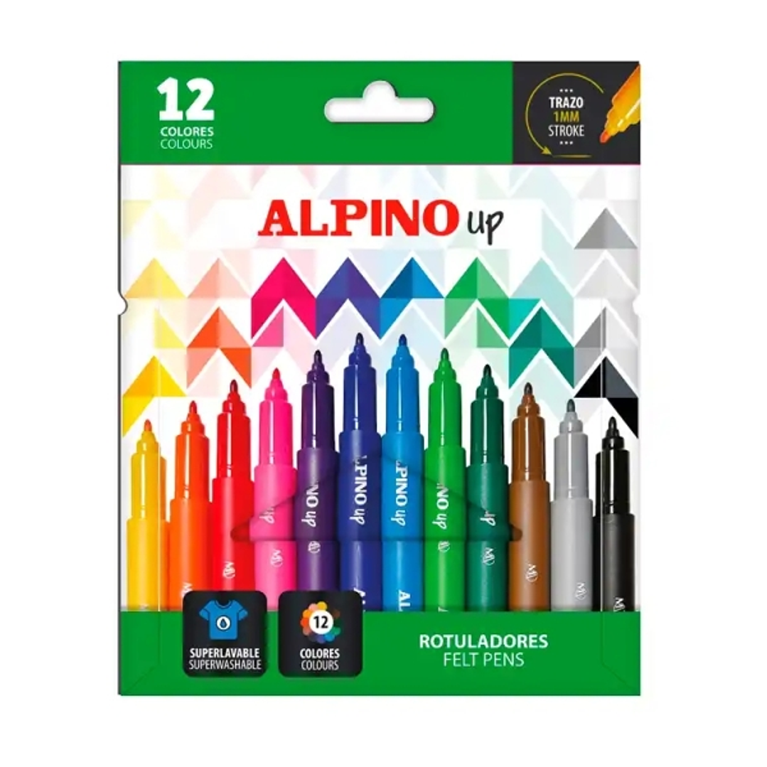 Alpino Up Pack con 12 Rotuladores de Colores - Punta 1mm - Para Trazos Finos y Detallados - Tinta a Base de Agua - Colores Surtidos 1