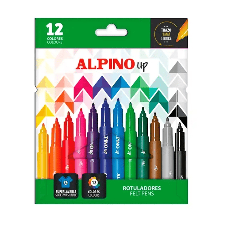 Alpino Up Pack con 12 Rotuladores de Colores - Punta 1mm - Para Trazos Finos y Detallados - Tinta a Base de Agua - Colores Surtidos 1