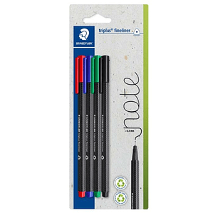 Staedtler Triplus Fineliner 334 Pack de 4 Rotuladores de Punta Fina - Trazo de 0.3mm aprox. - Tinta Antisecado a Base de Agua - Carcasa Fabricada en u