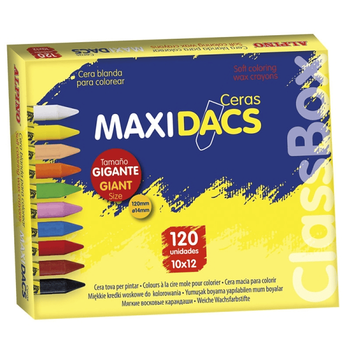 Alpino Maxidacs Economy Pack con 120 Ceras Blandas para Niños - Tamaño Extra Grande 120mm x 14mm - Etiqueta Anti-Manchas - Ideal para Grandes Artistas 1