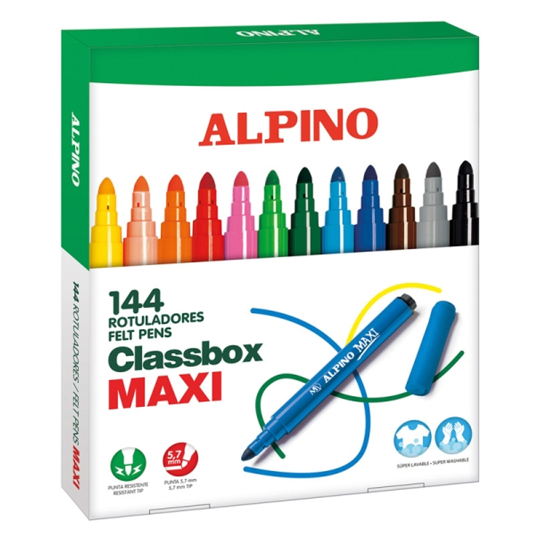 Alpino Maxi Pack Economy de 144 Rotuladores Gruesos - Punta de 6mm - Superlavables, Resistentes, Duraderos y de Colores Brillantes - Ideal para Uso Es 1