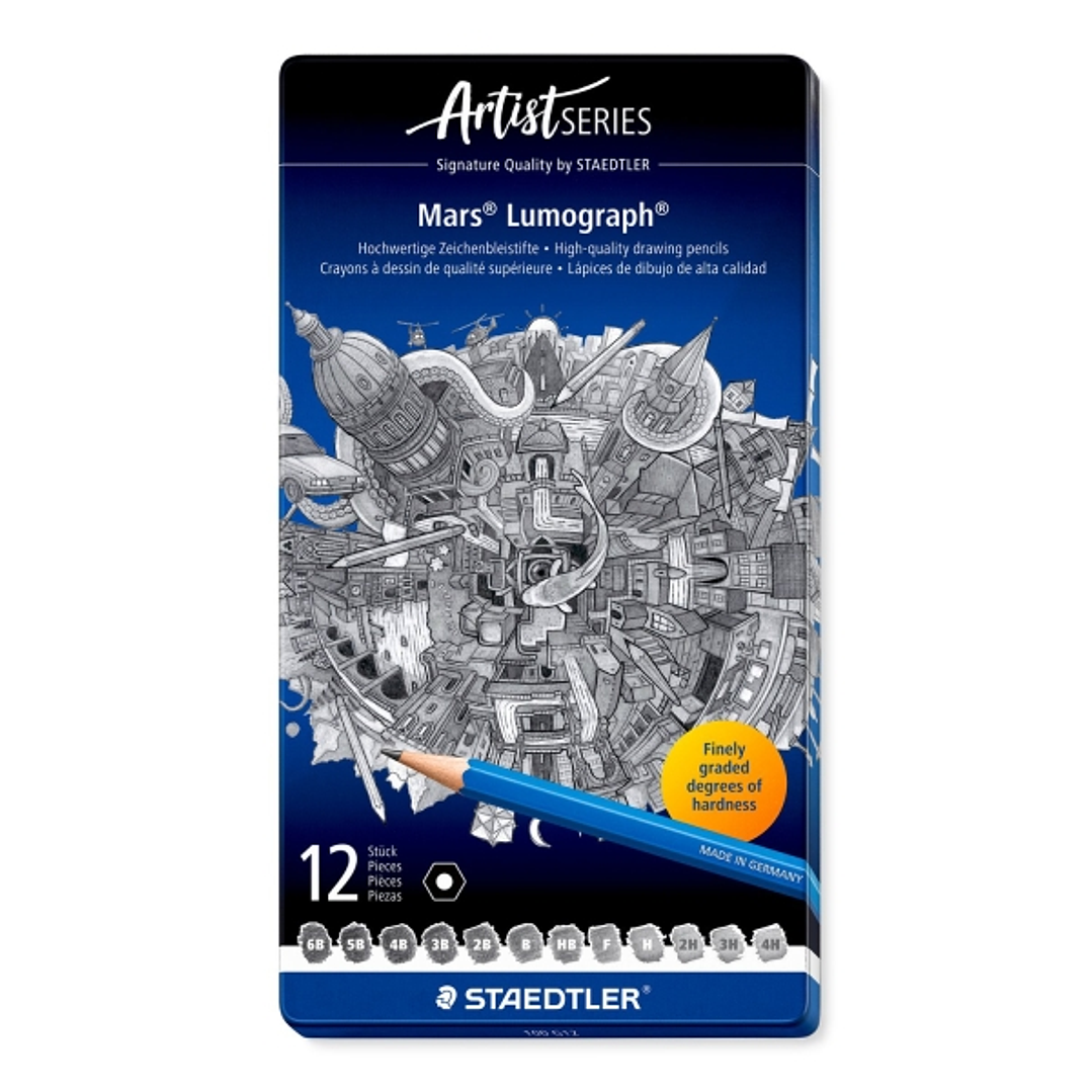 Staedtler Mars Lumograph 100 Caja Metalica con 12 Lapices de Grafito de Graduaciones 6B, 5B, 4B, 3B, 2B, B, HB, F, H, 2H, 3H, 4H - Alta Resistencia a  1