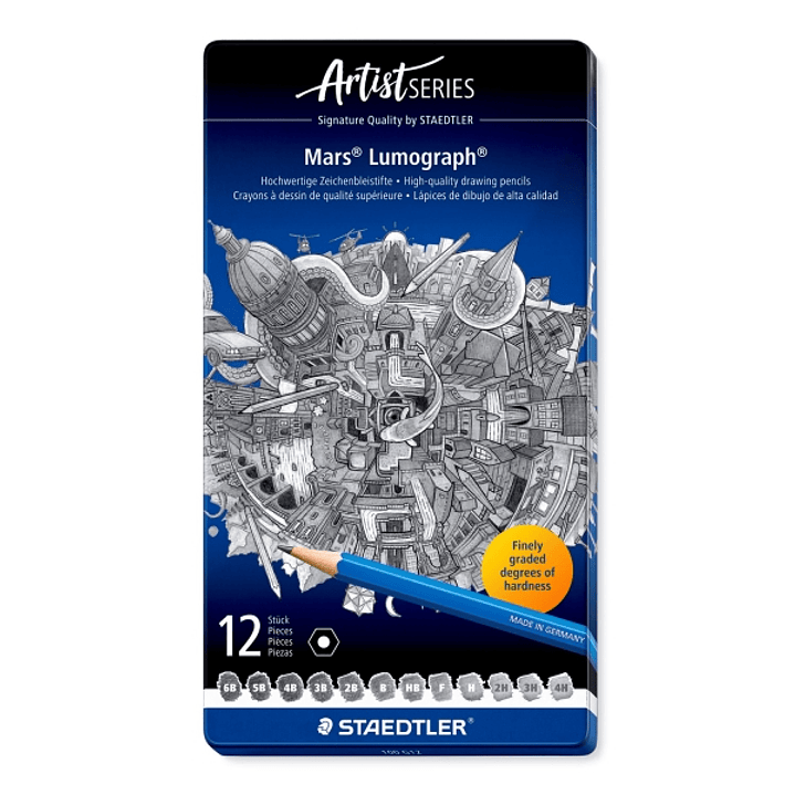Staedtler Mars Lumograph 100 Caja Metalica con 12 Lapices de Grafito de Graduaciones 6B, 5B, 4B, 3B, 2B, B, HB, F, H, 2H, 3H, 4H - Alta Resistencia a  1