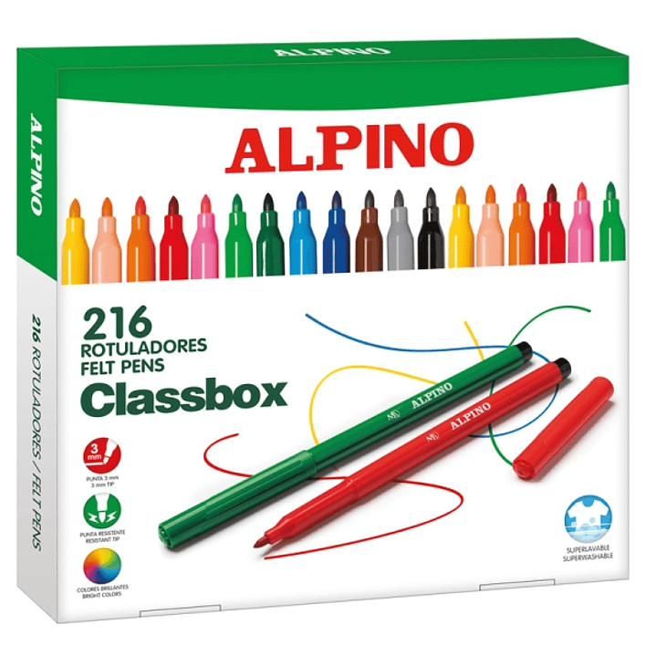 Alpino Pack Economy con 216 Rotuladores de Colores - Punta de 3mm - Superlavables y Brillantes - Uso Escolar - Desarrolla la Creatividad - Colores Sur 1