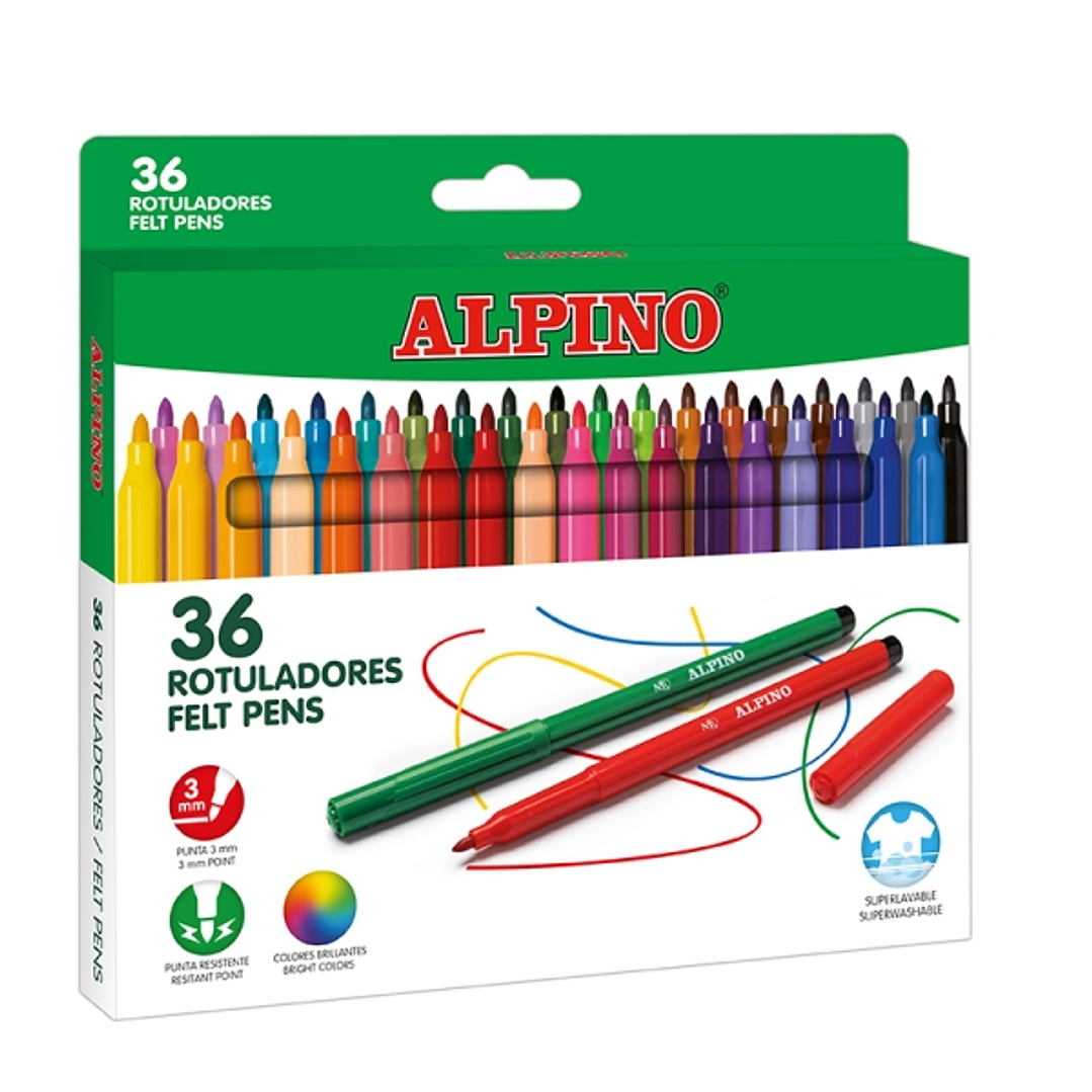 Alpino Pack con 36 Rotuladores de Colores - Punta de 3mm - Superlavables y Brillantes - Uso Escolar - Desarrolla la Creatividad - Colores Surtidos 1