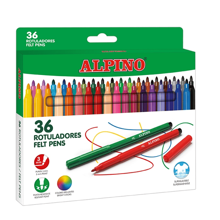 Alpino Pack con 36 Rotuladores de Colores - Punta de 3mm - Superlavables y Brillantes - Uso Escolar - Desarrolla la Creatividad - Colores Surtidos 1