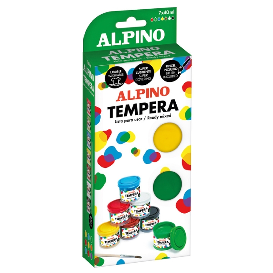 Alpino Pack con 7 Botes de Tempera 40ml + Pincel - Supercubriente y Lavable - Colores Surtidos 1