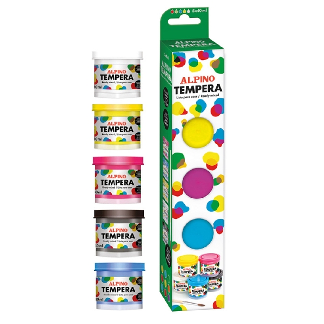 Alpino Pack con 5 Botes de Tempera 40ml + Pincel - Supercubriente y Lavable - Colores Surtidos 1