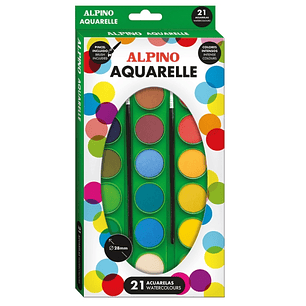 Alpino Pack de 21 Acuarelas + 2 Pinceles - 28mm de Diametro - Colores Surtidos