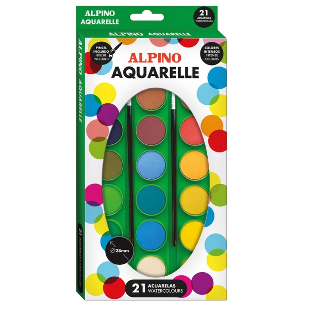 Alpino Pack de 21 Acuarelas + 2 Pinceles - 28mm de Diametro - Colores Surtidos 1