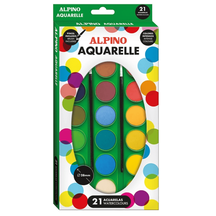 Alpino Pack de 21 Acuarelas + 2 Pinceles - 28mm de Diametro - Colores Surtidos 1