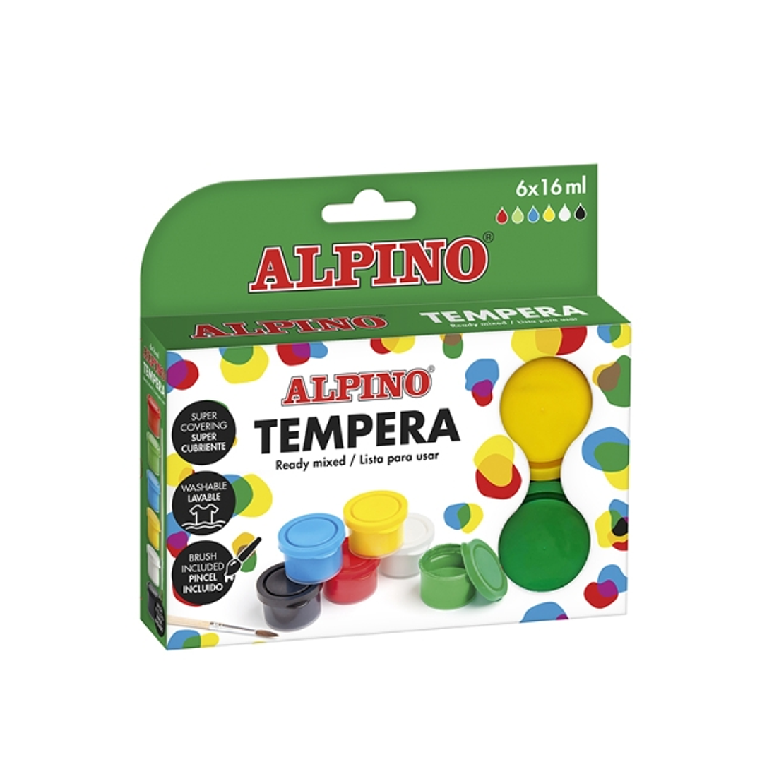 Alpino Pack con 6 Botes de Tempera 16ml + Pincel - Supercubriente y Lavable - Colores Surtidos 1