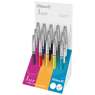 Pelikan Jazz Classic Expositor con 15 Boligrafos Retractiles - Trazo de 1mm - Mecanismo de Giro - Capuchon y Clip Cromados - Recambio 337M Negro - Col