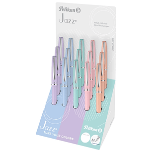 Pelikan Jazz Expositor con 15 Boligrafos Retractiles - Trazo de 1mm - Mecanismo de Giro - Recambio 337M Azul - Colores Pastel Surtidos
