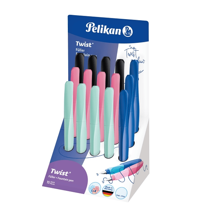 Pelikan Twist Expositor con 15 Plumas Estilograficas - Punta M - Uso Ambidiestro - Incluye Cartucho de Tinta - Colores Surtidos 1