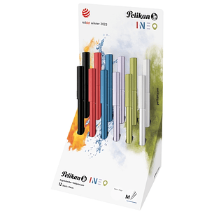 Pelikan Ineo Expositor con 12 Boligrafos Retractiles - Trazo de 1mm - Mecanismo de Giro - Recambio 337M Azul - Aluminio Anodizado Satinado - Colores S