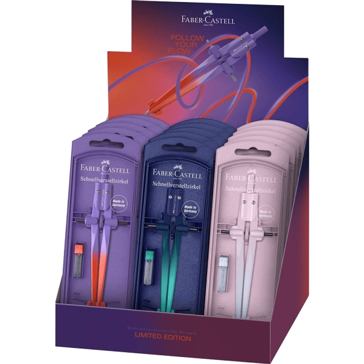 Faber-Castell Stream 2026 Flow Edition Expositor con 15 Compases Escolares de Ajuste Rapido - Circunferencias de hasta Ø 340mm - Incluye Bote de Minas 1