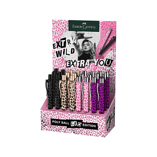 Faber-Castell Poly Ball Leo Edition 2026 Expositor con 24 Boligrafos Retractiles XB - Forma Triangular Ergonomica - Suave al Tacto - Diseños Surtidos