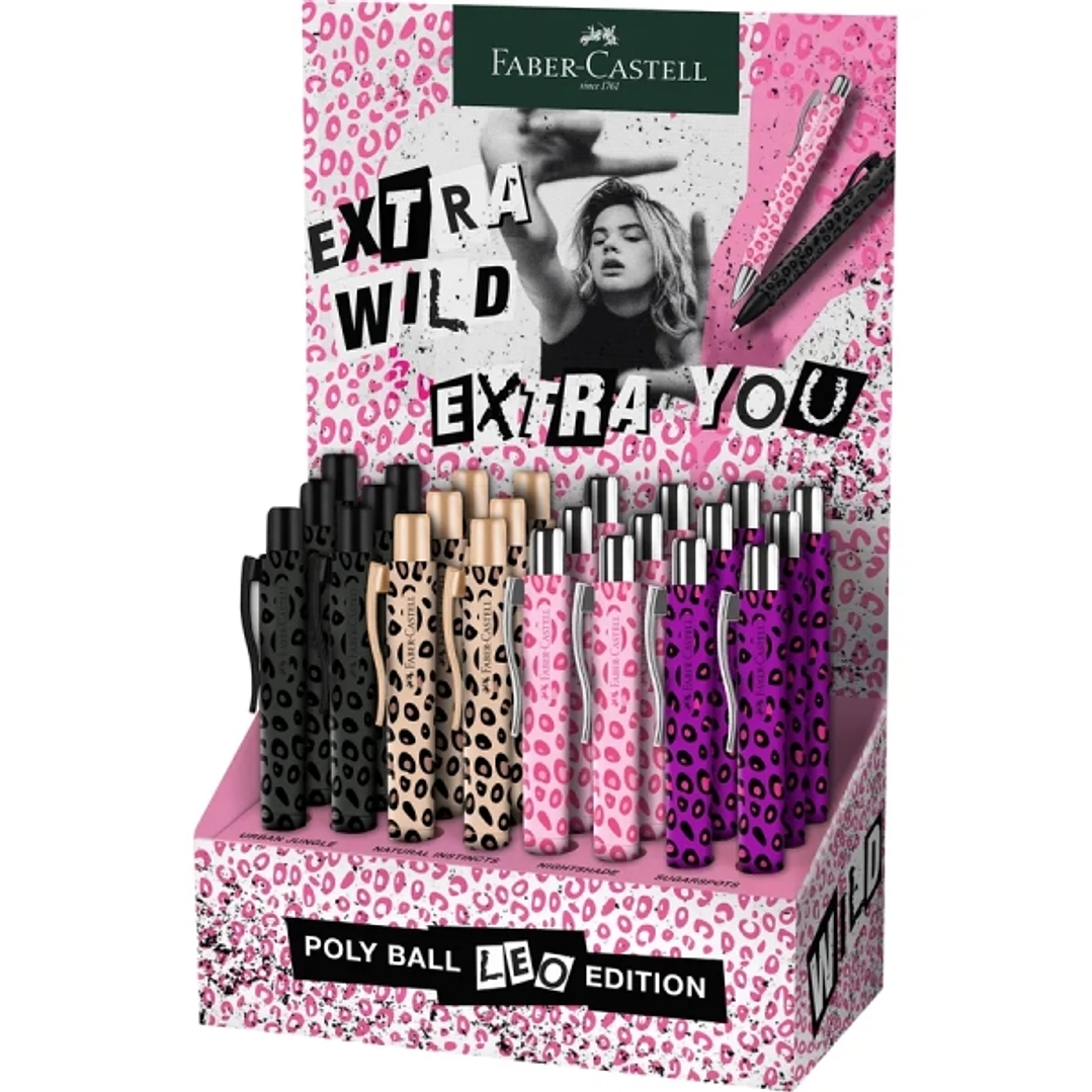 Faber-Castell Poly Ball Leo Edition 2026 Expositor con 24 Boligrafos Retractiles XB - Forma Triangular Ergonomica - Suave al Tacto - Diseños Surtidos 1
