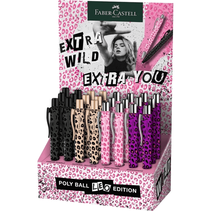 Faber-Castell Poly Ball Leo Edition 2026 Expositor con 24 Boligrafos Retractiles XB - Forma Triangular Ergonomica - Suave al Tacto - Diseños Surtidos 1