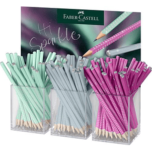 Faber-Castell Sparkle Aurora Expositor con 144 Lapices Triangulares de Grafito B - Mina Resistente a la Rotura - Con Cabelilla Plateada - Colores del 