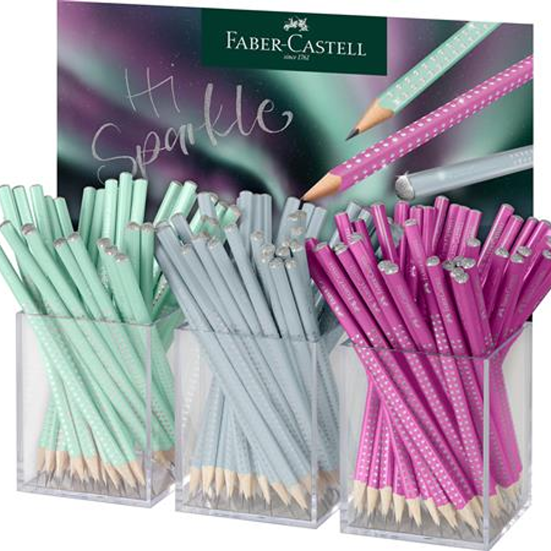 Faber-Castell Sparkle Aurora Expositor con 144 Lapices Triangulares de Grafito B - Mina Resistente a la Rotura - Con Cabelilla Plateada - Colores del  1