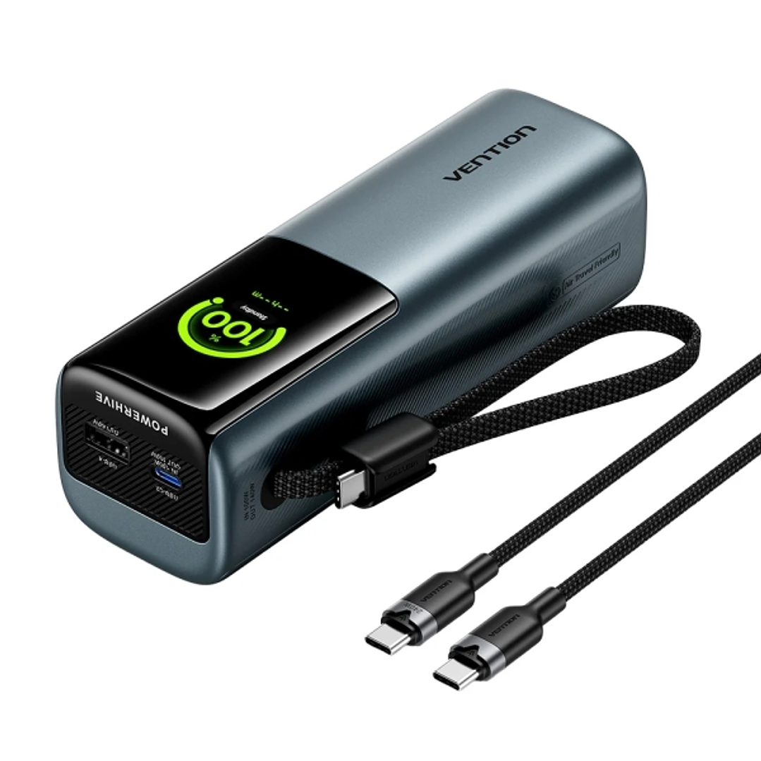 Vention Powerbank de 27000mAh - Potencia de Salida hasta 200W - Cable USB-C Integrado - Power Delivery - USB-A - USB-C - Pantalla TFT - Apto para Viaj 1