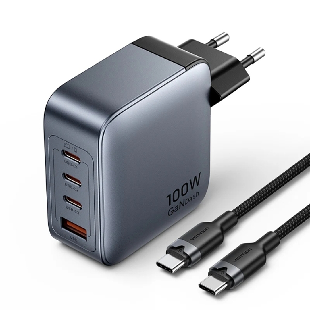 Vention Cargador de Pared - 100W - GaN - Cable de 1m Incluido - 3xUSB-C - USB-A - Carga Rapida - Color Gris 1