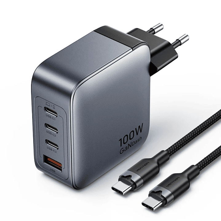 Vention Cargador de Pared - 100W - GaN - Cable de 1m Incluido - 3xUSB-C - USB-A - Carga Rapida - Color Gris 1
