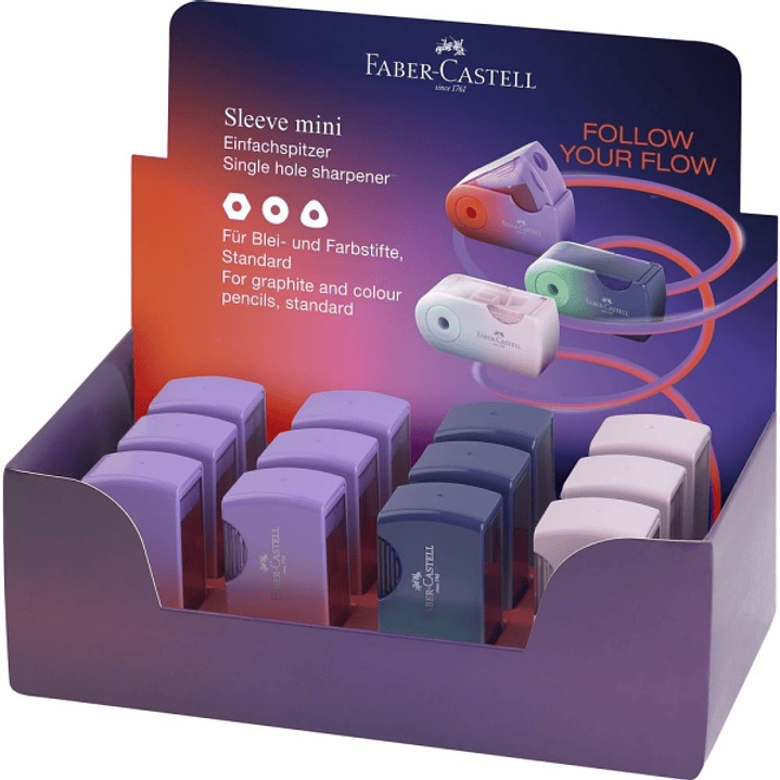 Faber-Castell Sleeve Mini Flow Edition Expositor con 12 Sacapuntas de 1 Orificio - Para Tamaño Estandar - Diseño Atractivo con Degradado de Color - Co 1