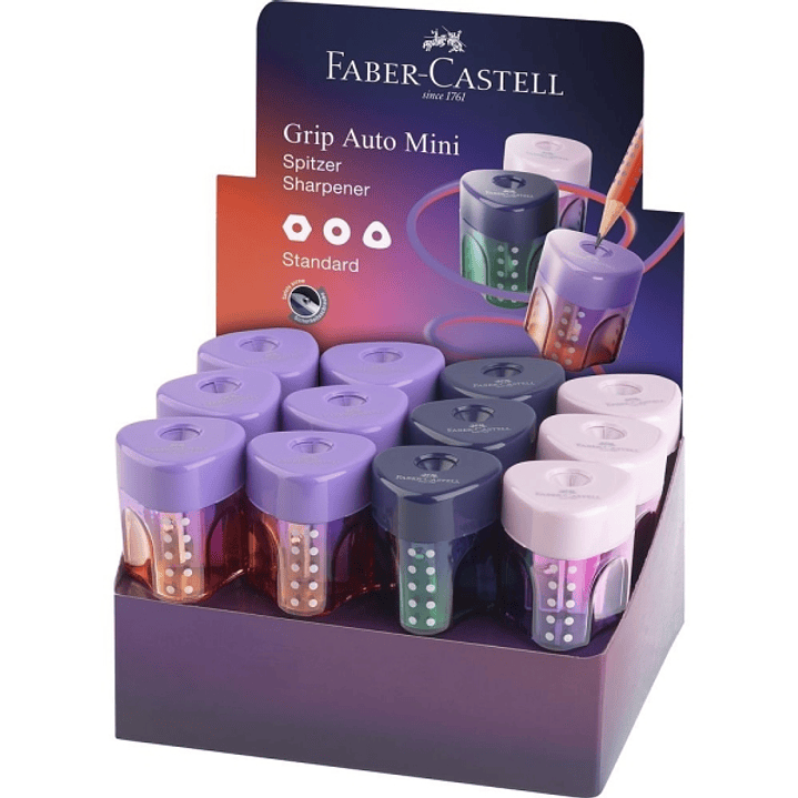 Faber-Castell Grip Mini Flow Edition Expositor con 24 Sacapuntas de 1 Orificio - Para Tamaño Estandar - Diseño Atractivo con Degradado de Color - Colo 1