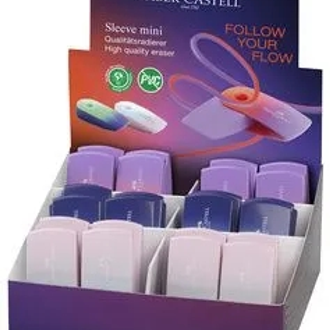 Faber-Castell Sleeve Mini Flow Expositor con 24 Gomas de Borrar con Funda - Libre de PVC - Colores Surtidos 1