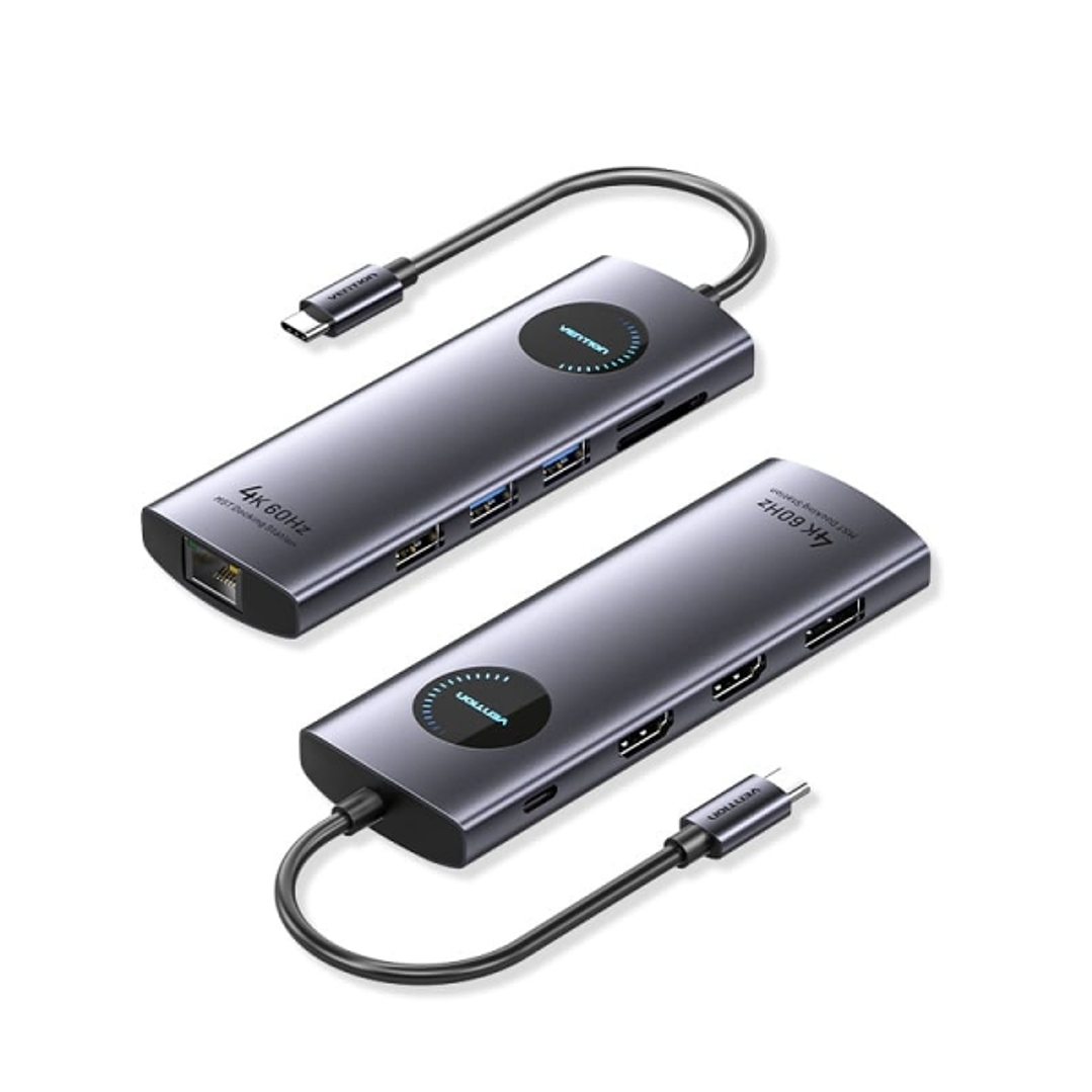 Vention Estacion de Docking 10 en 1 - 100W - Cable USB-C de 15cm Integrado - 2xHDMI 4K - Ethernet RJ45 - Displayport - USB-C - Tarjeta TF - SD - 3xUSB 1