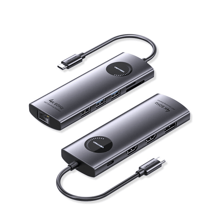 Vention Estacion de Docking 10 en 1 - 100W - Cable USB-C de 15cm Integrado - 2xHDMI 4K - Ethernet RJ45 - Displayport - USB-C - Tarjeta TF - SD - 3xUSB 1