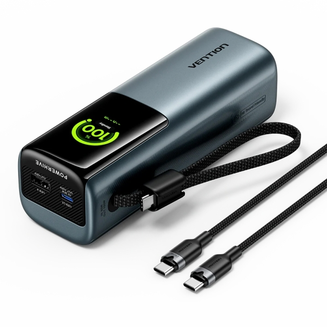 Vention Powerbank de 20000mAh - Potencia de Salida hasta 165W - Cable USB-C Integrado - Power Delivery - USB-A - USB-C - Pantalla TFT - Tecnologia PPS 1