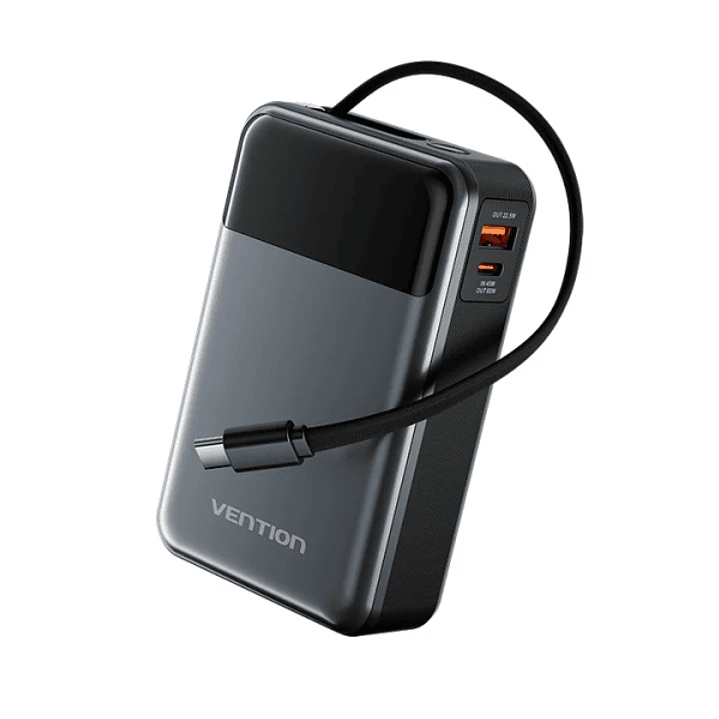 Vention Powerbank de 20000mAh - Potencia de Salida hasta 65W - Cable USB-C Integrado - USB-C - USB-A - Pantalla LED - Color Negro 1