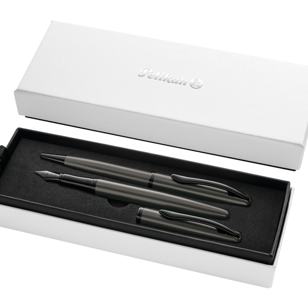 Pelikan Jazz Noble Set de Boligrafo y Estilografica - Cuerpo Satinado con Detalles Cromados - Incluye Estuche de Regalo - Color Gris Oscuro 1