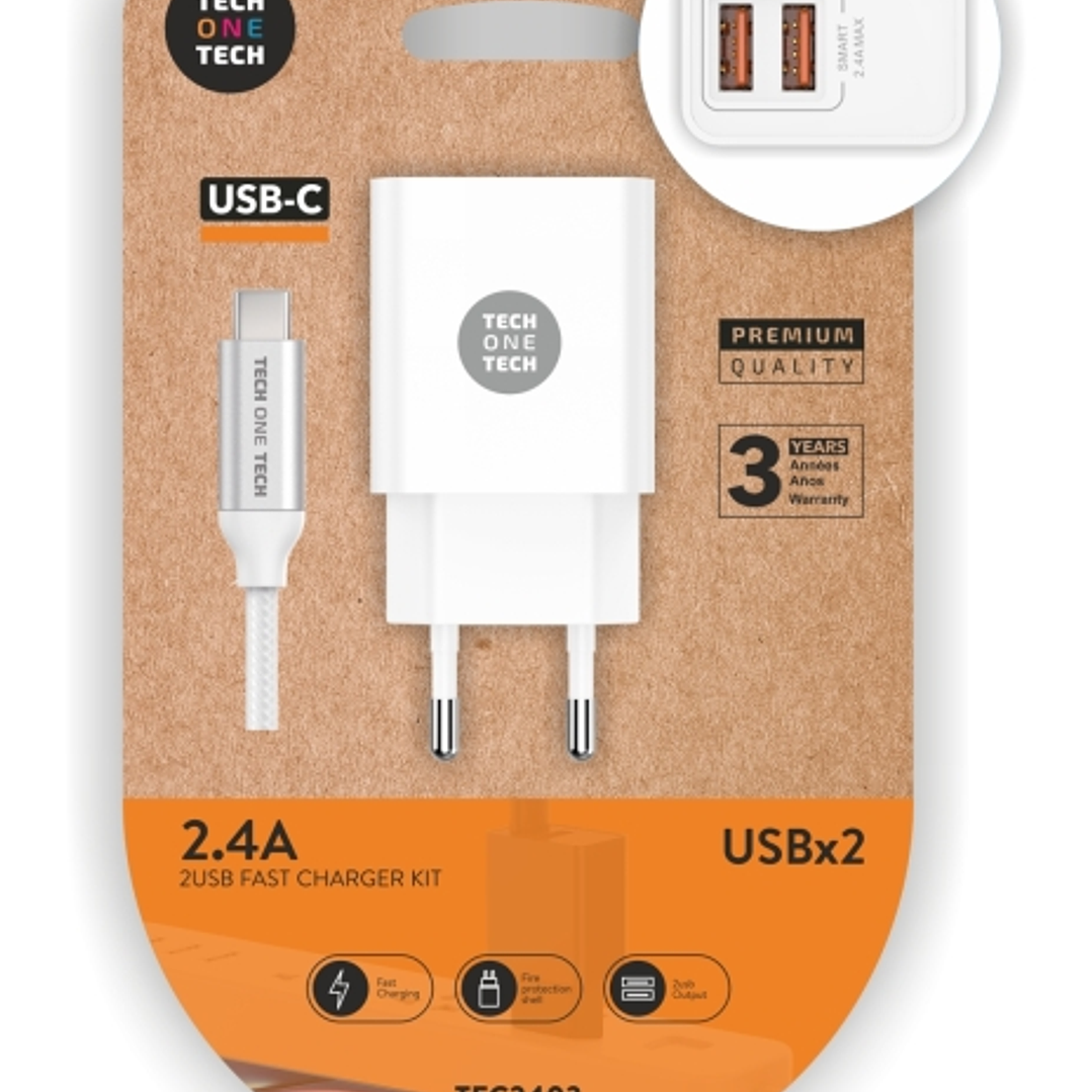TechOneTech Cargador Doble de Pared + Cable USB-A a USB-C 1m - Recubierto de Nylon Trenzado Blanco 1