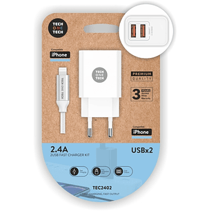 TechOneTech Cargador Doble de Pared USB-A a USB-C  12W Blanco