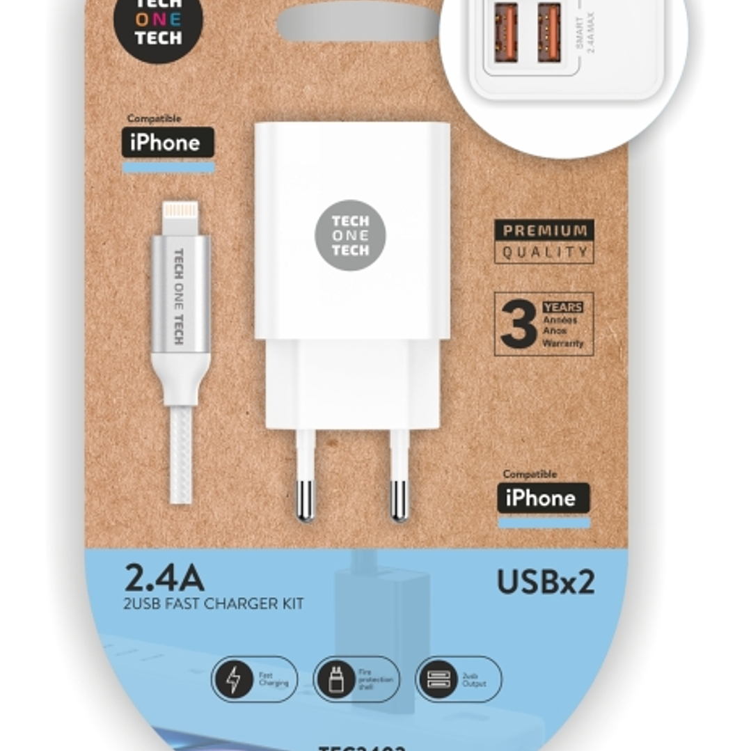 TechOneTech Cargador Doble de Pared + Cable USB-A a Lightning 1m - Recubierto de Nylon Trenzado Blanco 1