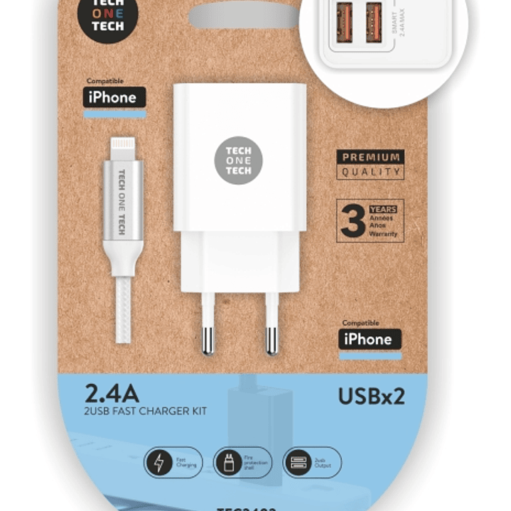 TechOneTech Cargador Doble de Pared + Cable USB-A a Lightning 1m - Recubierto de Nylon Trenzado Blanco 1