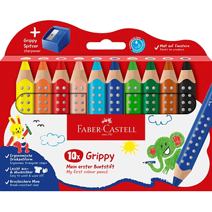 Faber-Castell Grippy Pack con 10 Lapices de Colores Gruesos Mina XXL Suave + Sacapuntas - Forma Triangular con Grip - Colores Surtidos