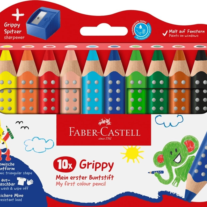 Faber-Castell Grippy Pack con 10 Lapices de Colores Gruesos Mina XXL Suave + Sacapuntas - Forma Triangular con Grip - Colores Surtidos 1