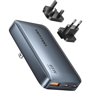 Vention Cargador de Pared - Ultra Slim - 65W - GaN - Enchufes EU y UK Intercambiables - 2xUSB-C - USB-A - Carga Rapida - Color Gris