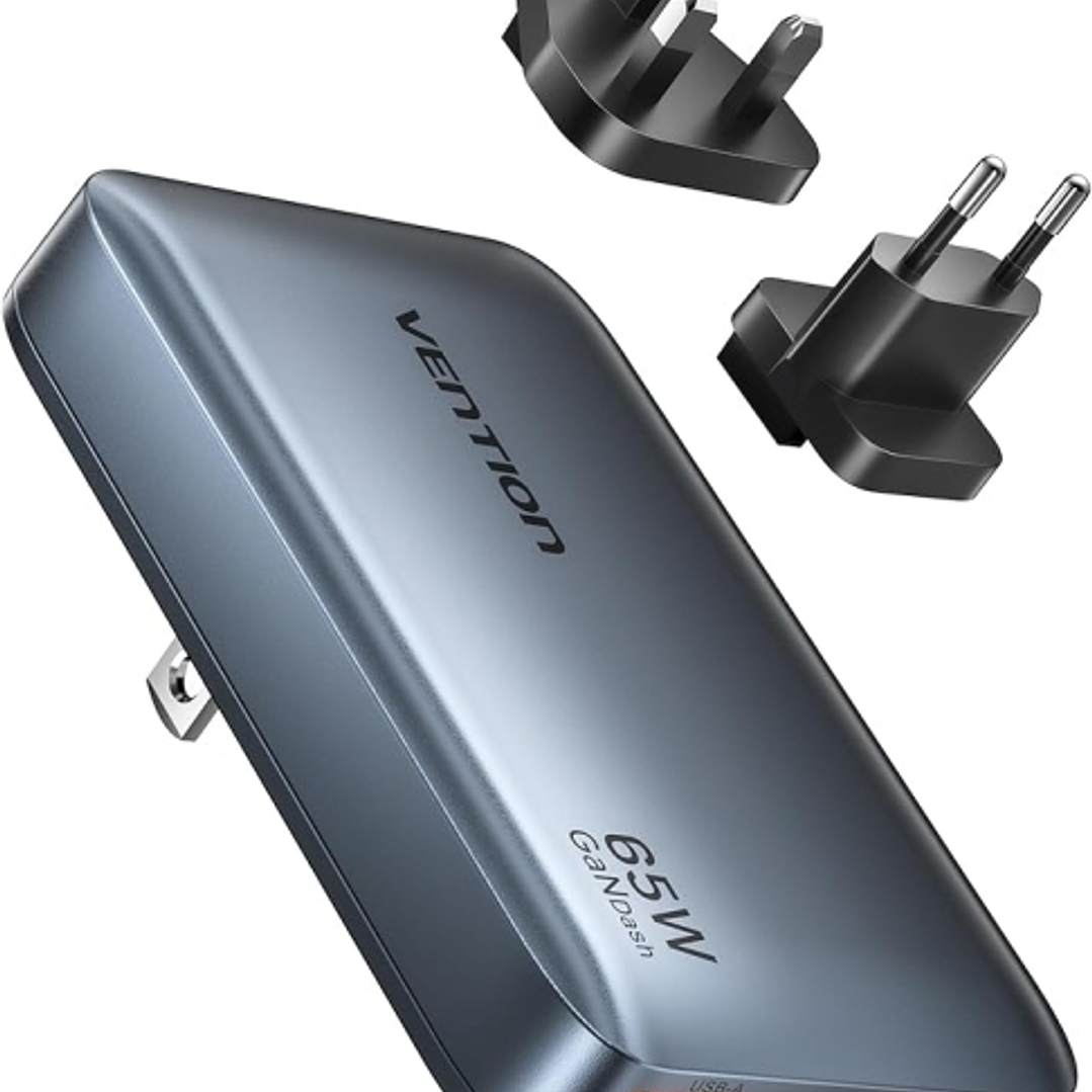 Vention Cargador de Pared - Ultra Slim - 65W - GaN - Enchufes EU y UK Intercambiables - 2xUSB-C - USB-A - Carga Rapida - Color Gris 1