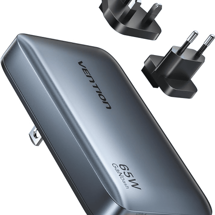 Vention Cargador de Pared - Ultra Slim - 65W - GaN - Enchufes EU y UK Intercambiables - 2xUSB-C - USB-A - Carga Rapida - Color Gris 1