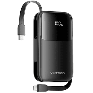 Vention Powerbank de 10000mAh - Potencia de Salida hasta 22.5W - Cable USB-C y Lightning Integrado - USB-A - Pantalla LED - Color Negro