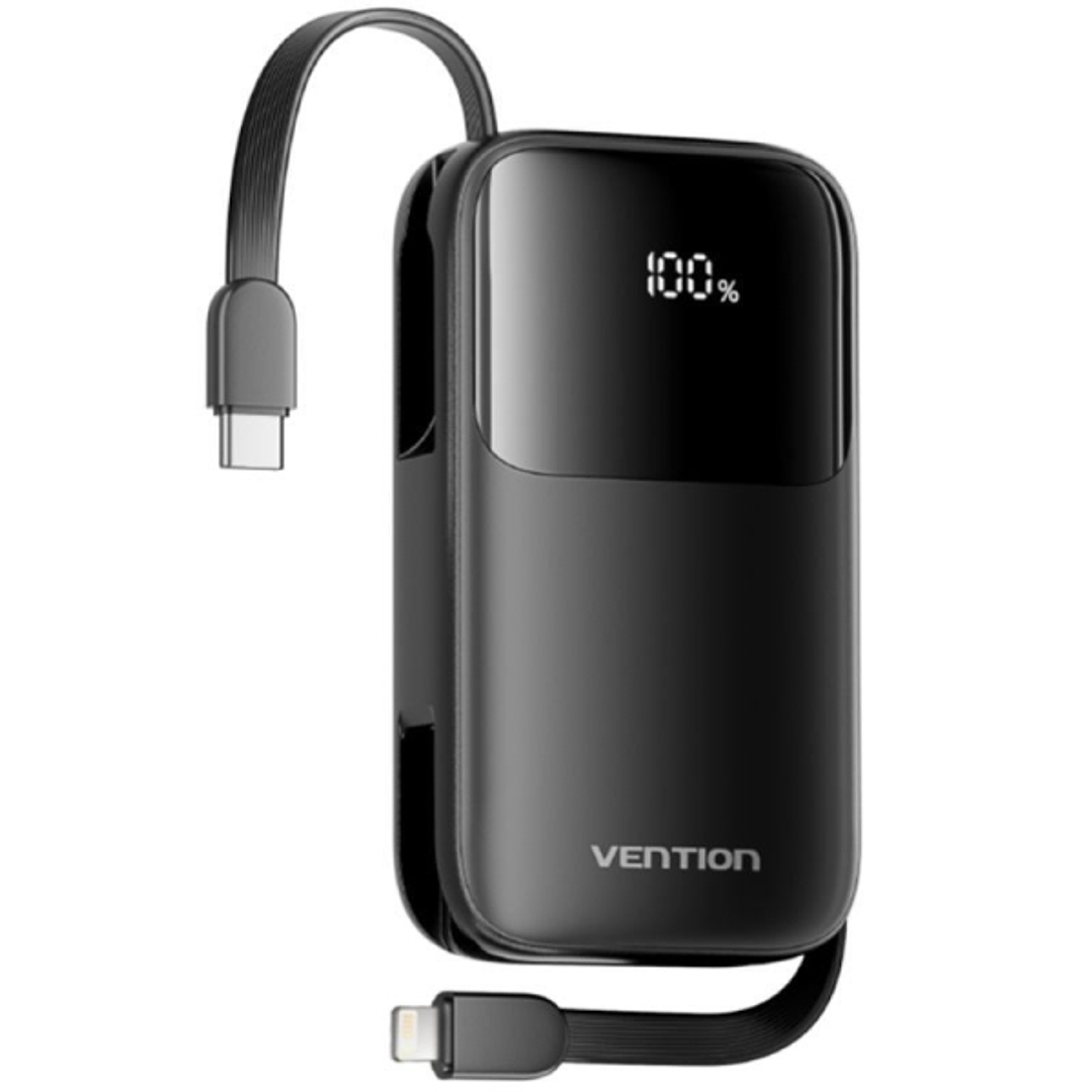 Vention Powerbank de 10000mAh - Potencia de Salida hasta 22.5W - Cable USB-C y Lightning Integrado - USB-A - Pantalla LED - Color Negro 1