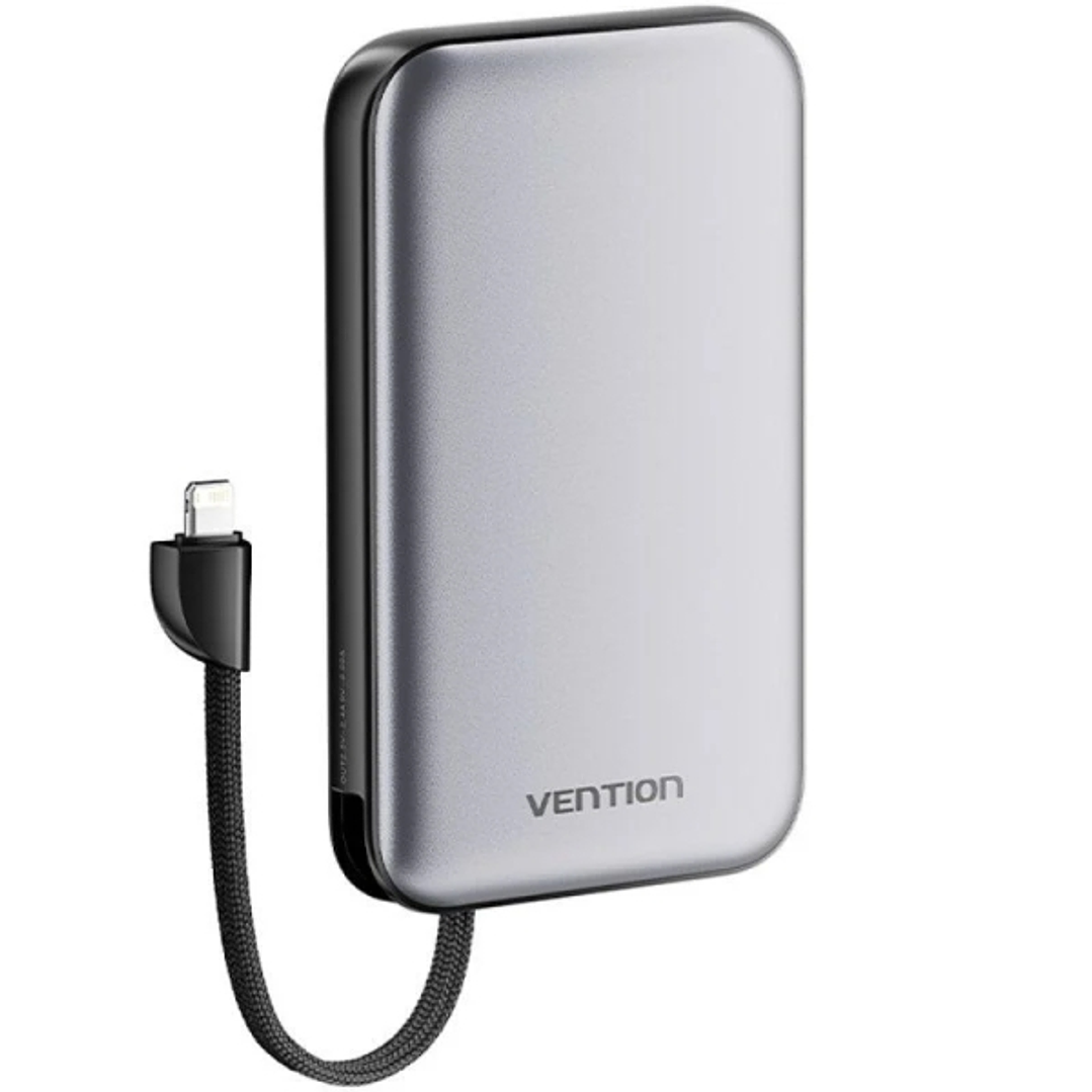 Vention Powerbank de 10000mAh - Potencia de Salida hasta 20W - Cable Lightning Integrado - USB-A - USB-C - Color Gris 1